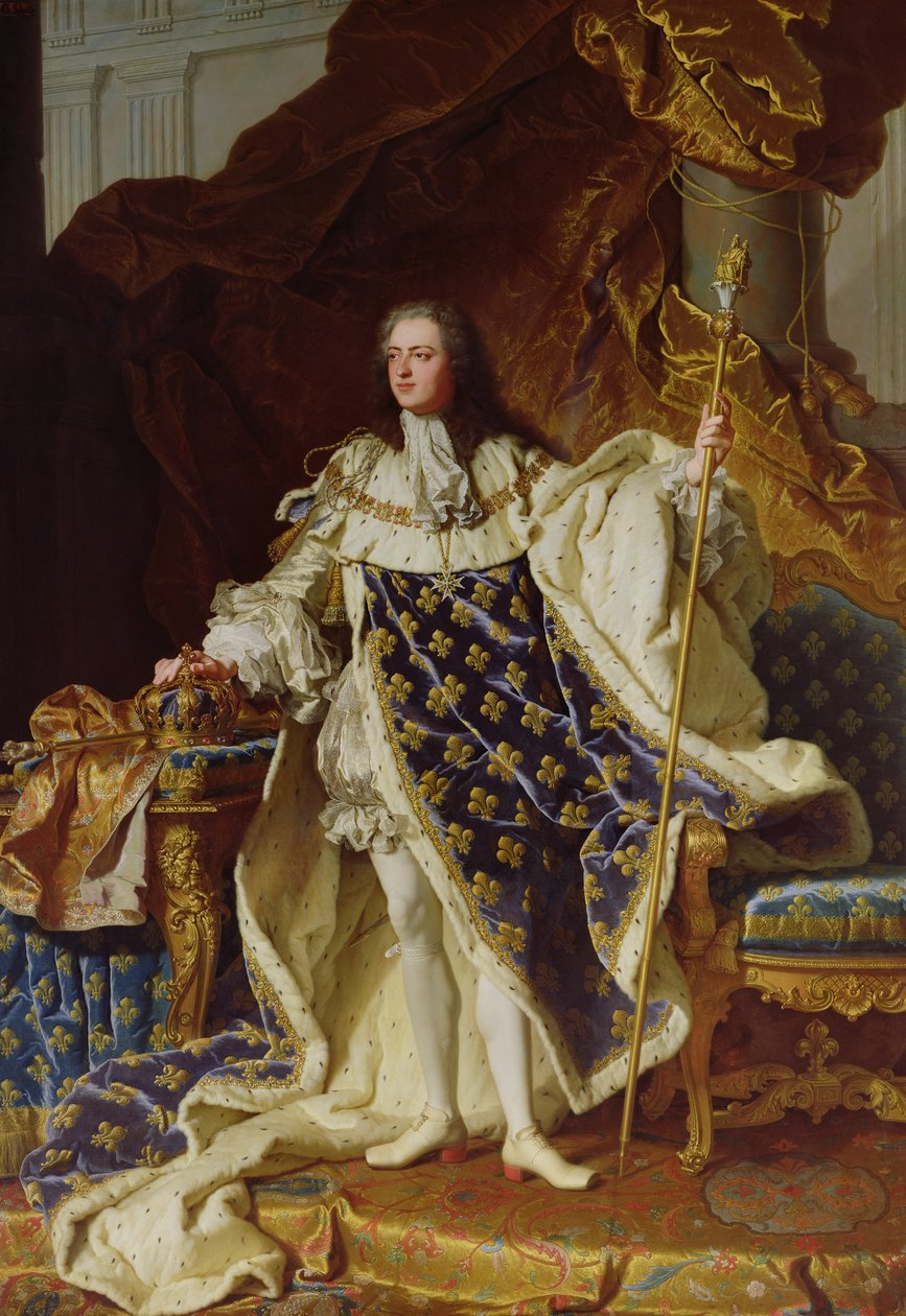 Portrett av Ludvig XV (1715-74) i hans kroningskåper, 1730 av Hyacinthe Francois Rigaud