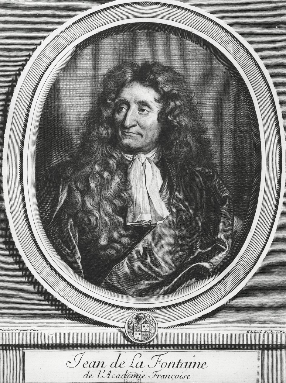 Jean de La Fontaine (1621-95) gravert av Gerard Edelinck (1640-1707) av Hyacinthe Francois Rigaud