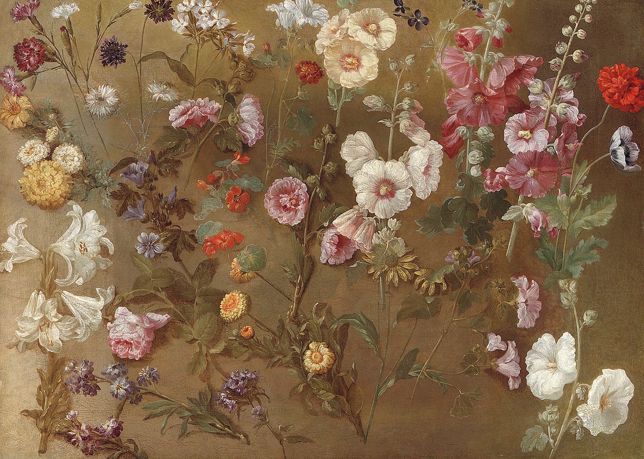Sammensetning av blomsterstudier inkludert nelliker, nåleputeblomster, sprettveddemål, malva; stokkroser, afrikansk ringblomst, forglemmigei av Hyacinthe Francois Rigaud