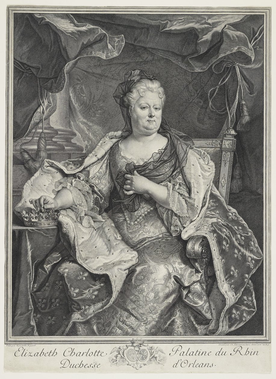 Elizabeth Charlotte Palatine du Rhin, hertuginne av Orleans, Eng. Charles Louis Simmoneau (1645-1728) av Hyacinthe Francois Rigaud