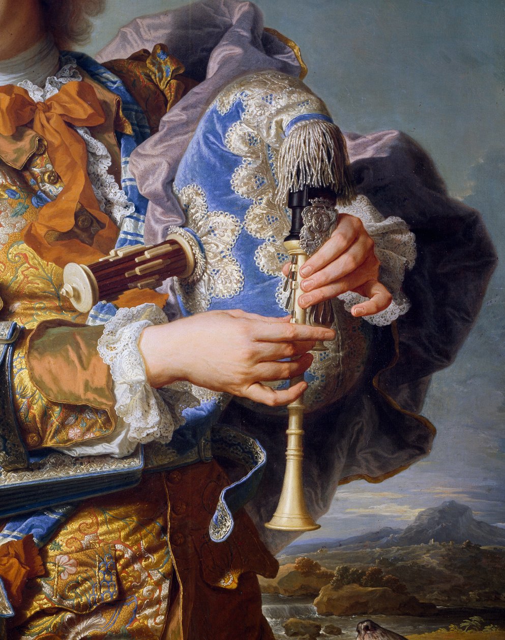 Gaspard de Gueidan spiller sekkepipe, ca 1735, av Hyacinthe Rigaud (1659-1743), olje på lerret. Detalj. Frankrike av Hyacinthe Francois Rigaud
