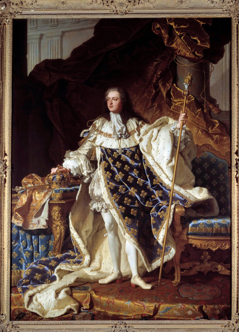 Portrett i full lengde av Louis XV i Corres drakt (1710-1774) Maleri av Hyacinthe Rigaud (1659-1743). 1730. Størrelse 2,71 x 1,94 m. Versailles, musee du Chateau - Portrett i full lengde av Ludvig XV i kroningskapper (1710-1774). Maleri av Hyacinthe Rigaud av Hyacinthe Francois Rigaud