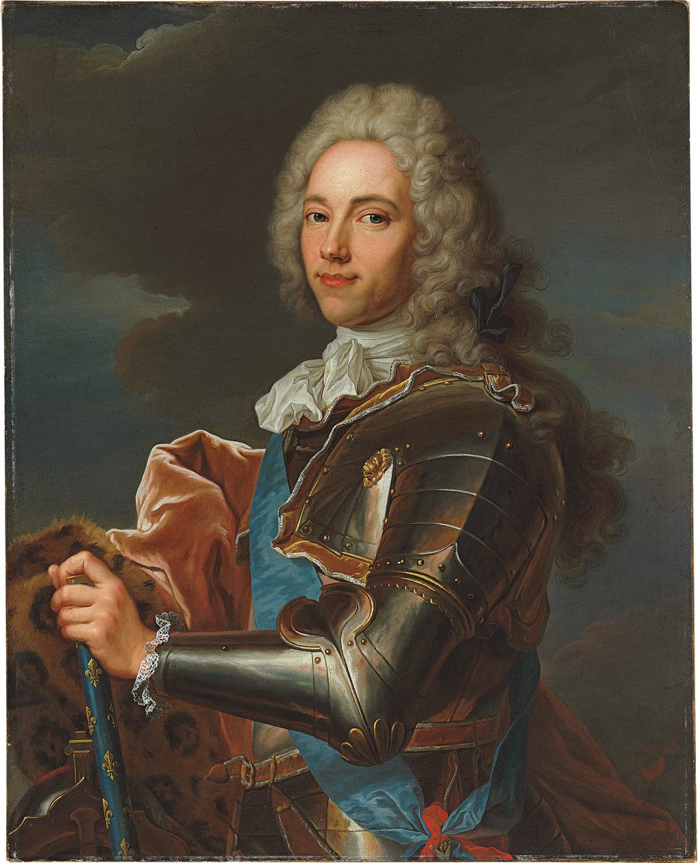 Portrett av Duc de Broglie, i ramme av Sainte Esprit-ordenen, med stafettpinnen av en marskalk av Frankrike av Hyacinthe Francois Rigaud