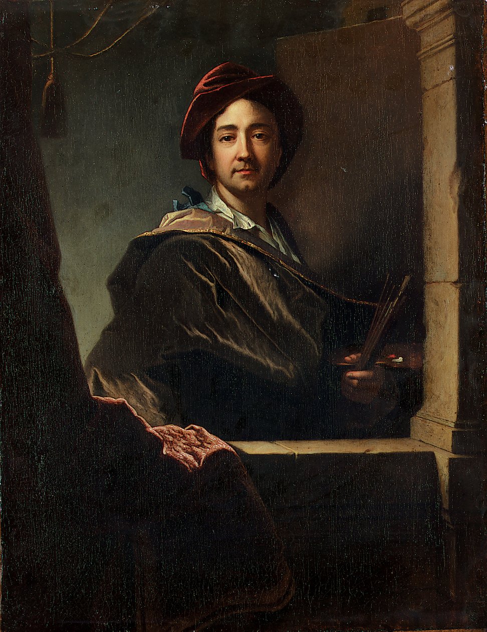 Portrett av kunstneren, halv lengde, ved en karm, 1712 av Hyacinthe Francois Rigaud