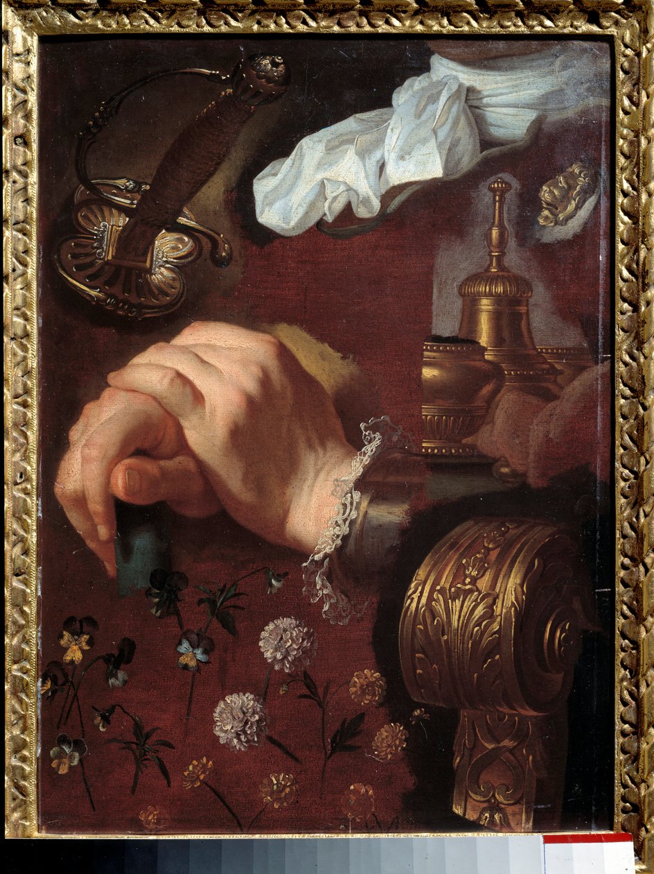 Studie av kryssede hender, stoffer, blomster, klokke, epee Maleri av Hyacinthe Rigaud (1659-1743) Rouen fra 1700-tallet, Musee des Beaux Arts av Hyacinthe Francois Rigaud