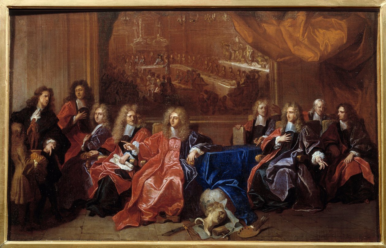 Prevoten og echevinene i byen Paris som drøfter markeringen av middagen som ble tilbudt Ludvig XIV på Hotel de Ville etter krigen i 1687. Maleri av Hyacinthe Rigaud (1659-1743) av Hyacinthe Francois Rigaud