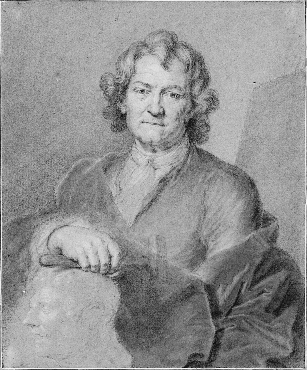 Portrett av Pierre Puget, hans høyre hånd holder en hammer og hviler på et skulpturert hode av Hyacinthe Francois Rigaud