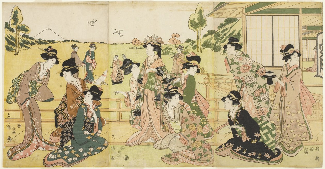 Hawking Party, 1807 (treblokktrykk i farger) av Hyakusai Hisanobu Hyakusai Hisanobu
