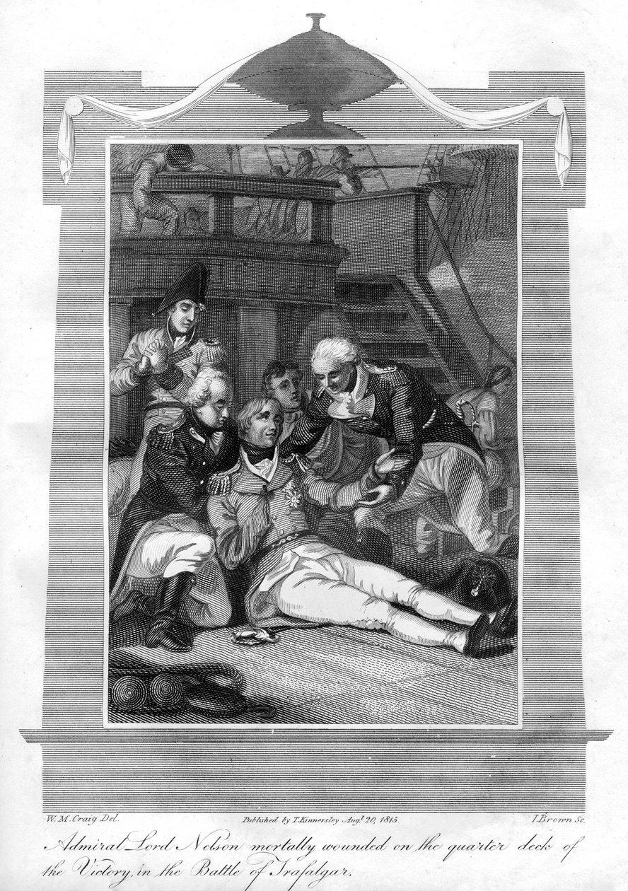Admiral Nelson ligger dødelig såret på kvartdekket til HMS Victory, 1816. av I. Brown