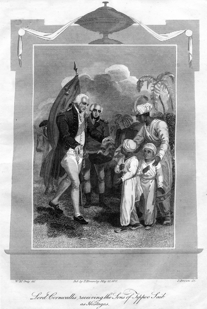 Lord Cornwallis 1738-1805 mottok sønnene til Tippoo Saib som gisler, 1816. av I. Brown