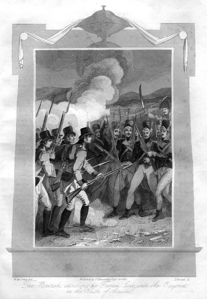 Britene angriper den franske linjen med bajonetter i slaget ved Maida, 1816. av I. Brown