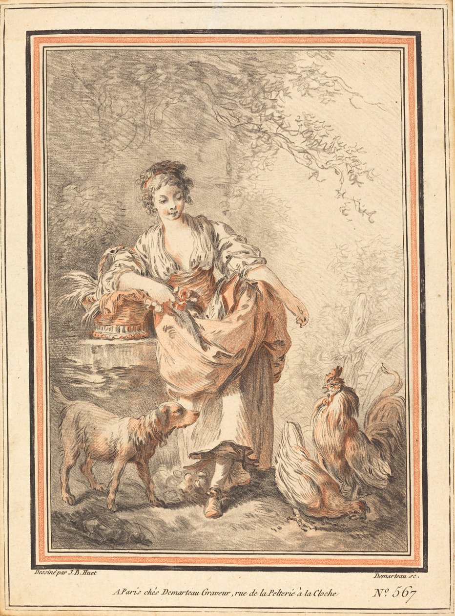 Kvinne som mater kyllinger av I Gilles Antoine Demarteau after Jean Baptiste Hüet
