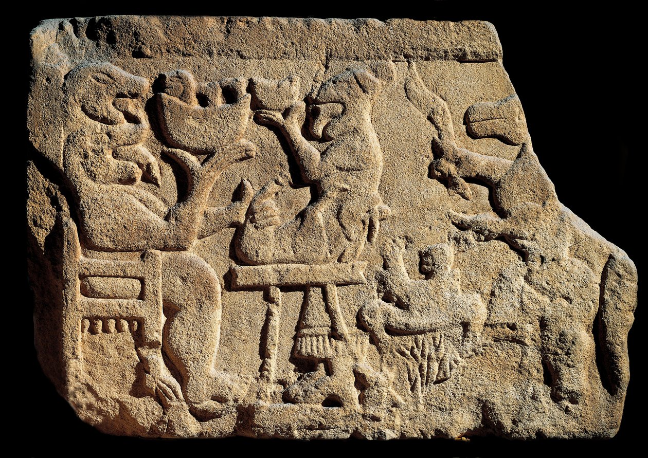 Iberisk kunst: lavt relieff som representerer en mytologisk bankettscene der en gud fra underverdenen har to hoder med åpen munn foran et offeralter. Omtrent 500 f.Kr. kommer fra graven til Pozo Moro, Spania. Madrid, Museo Arqueologico Nacional av Iberian