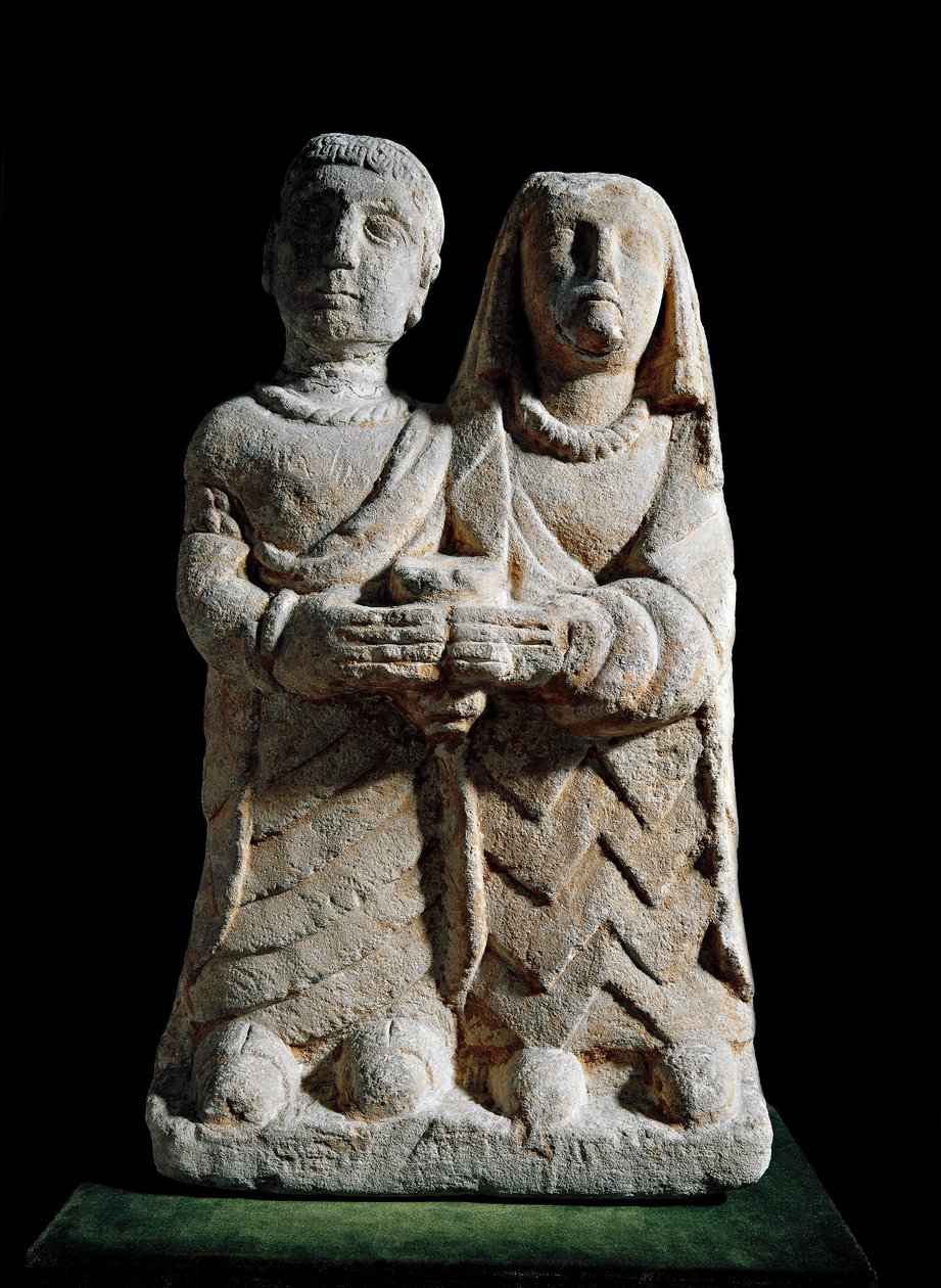 Iberisk kunst: statuett av et par som gir et tilbud. Skulptur fra Albacete, Spania. 4.-2. århundre f.Kr. Madrid, Nasjonalt arkeologisk museum av Iberian