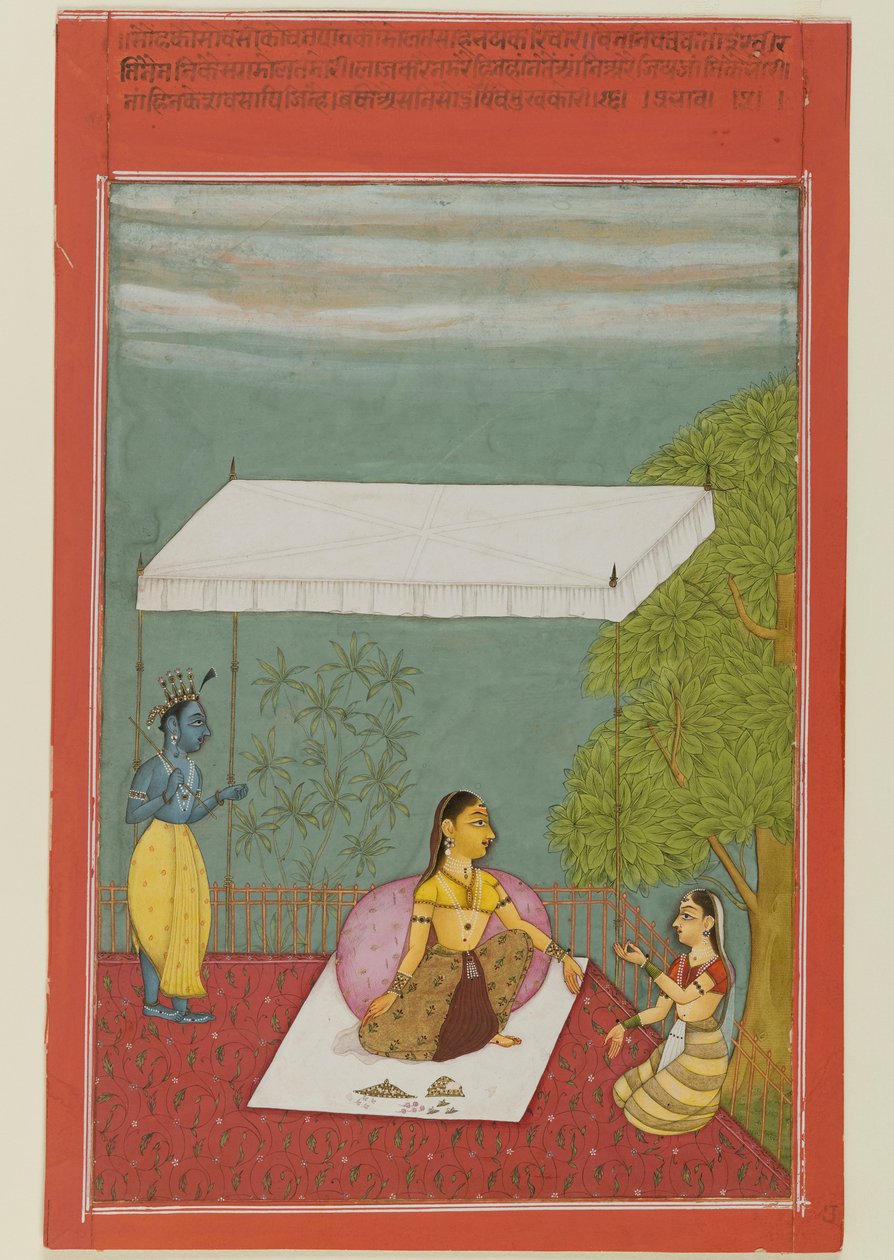 Nayika Awaits Her Lover, side fra en serie som illustrerer Rasikapriya fra Keshavadasa, 1692 (ugjennomsiktig wc på papir) av Ibrahim Ibrahim