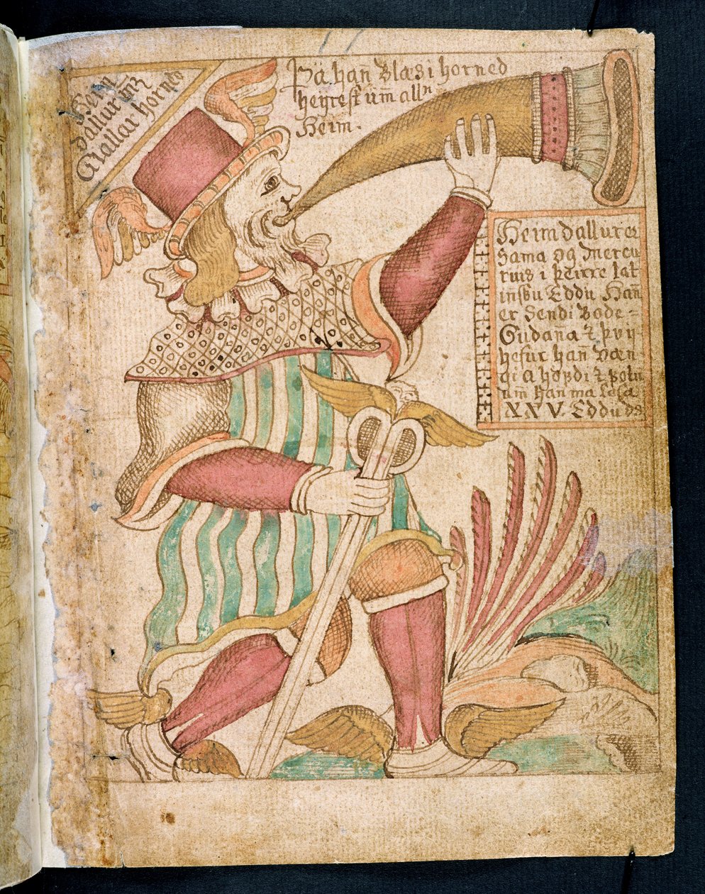 Heimdal Blowing his Horn before Ragnarok, fra Melsteds Edda (penn & blekk og wc på papir) av Icelandic School