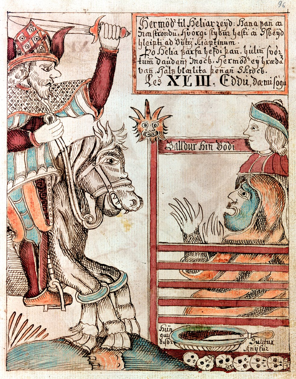 Hermod går over Sleipnir, farens berømte åttebeinte lader, ved sperreportene til kongeriket Hel av Icelandic School