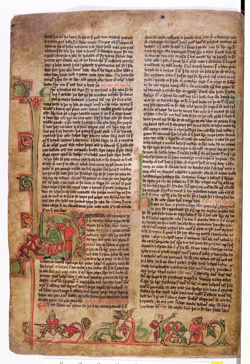 Historikert initial D i begynnelsen av The Saga of Olaf Tryggvason, fra Flateyjarbok (The Book of Flatey) sent på 1300-tallet av Icelandic School