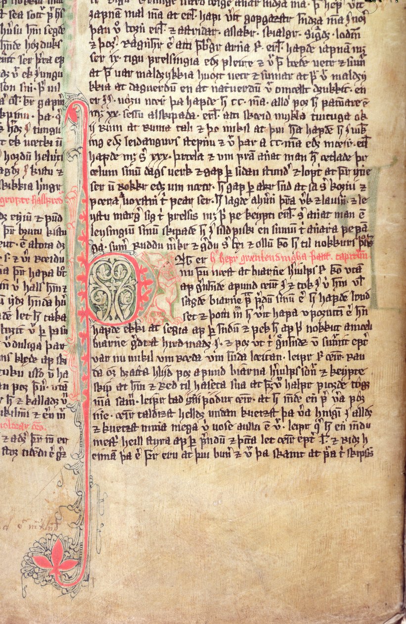 Historikert initial P i begynnelsen av Grønlendernes saga, fra Flateyjarbok (The Book of Flatey) sent på 1300-tallet av Icelandic School