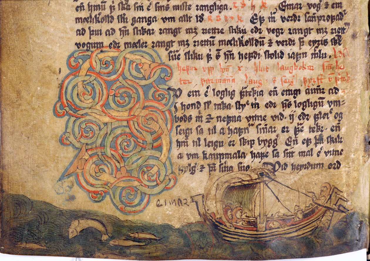 Historikert initial S, fra en kopi av den originale Jonsbok-lovsamlingen fra 1200-tallet av Icelandic School