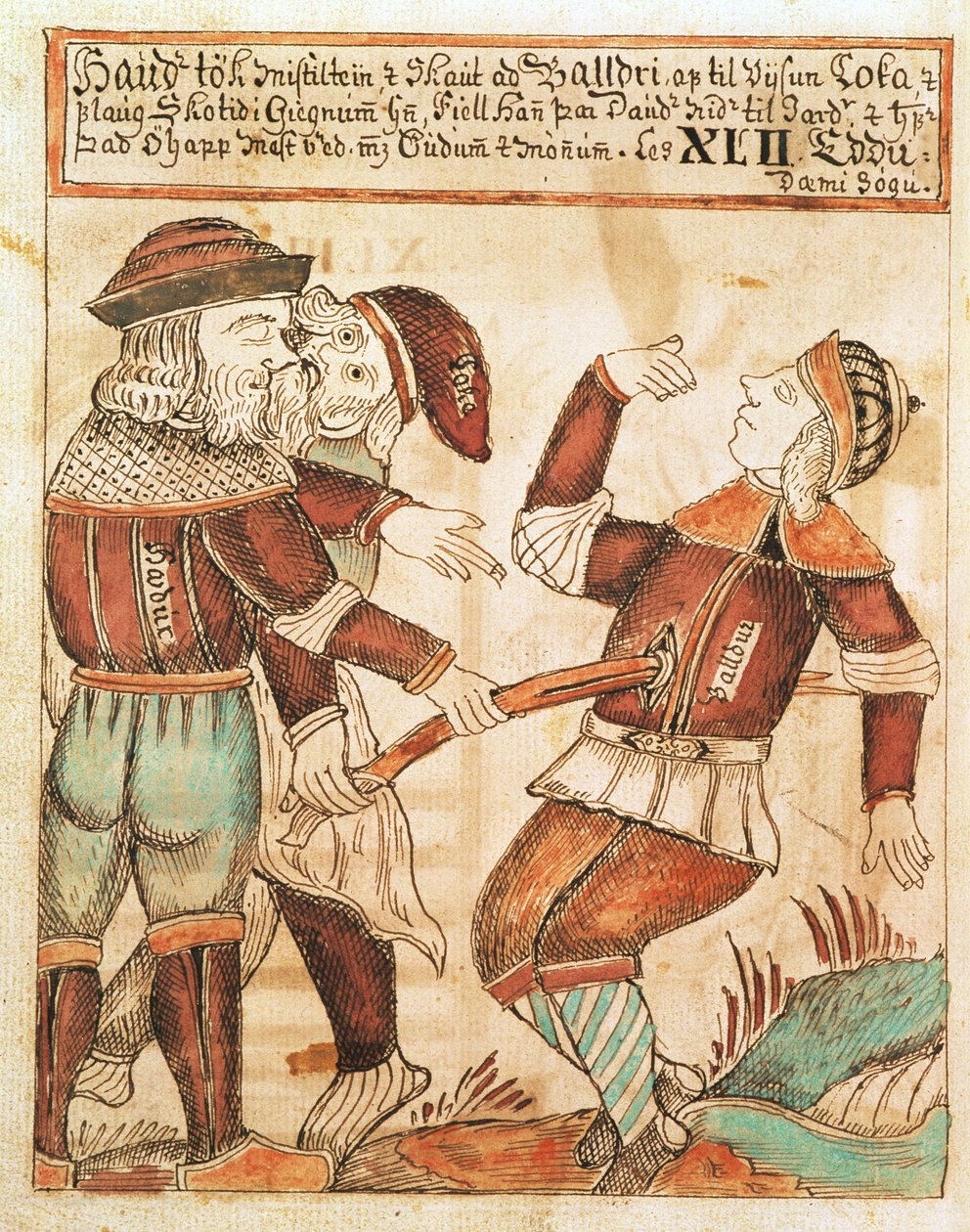 Ny Kgl Saml 1867.4, s.95v The Killing of Balder (penn & blekk og akvarell på papir) (se også 169947) av Icelandic School