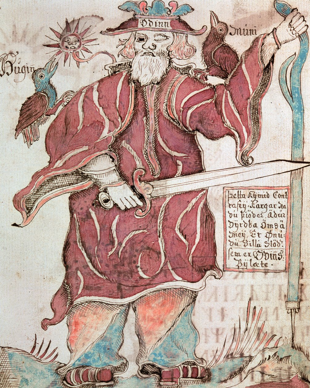 Odin, med sine to kråker, Hugin (tanke) og Munin (minne) av Icelandic School
