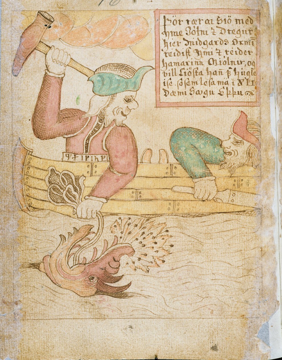 Thor fanger Midgardsormen, fra Melsteds Edda (penn og blekk og akvarell på papir) av Icelandic School