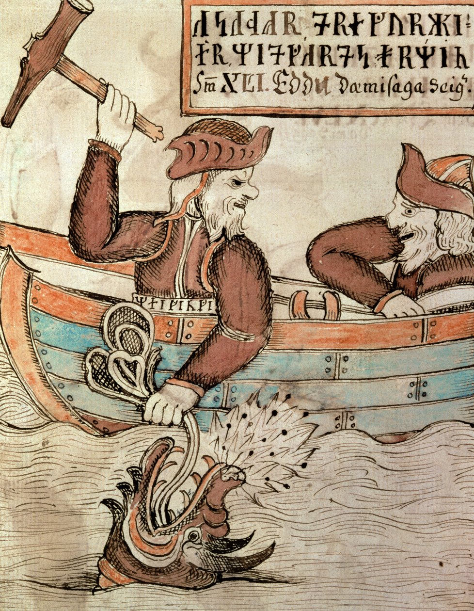 Tor fisker etter Midgardsormen, fra båten til kjempen Hymir av Icelandic School