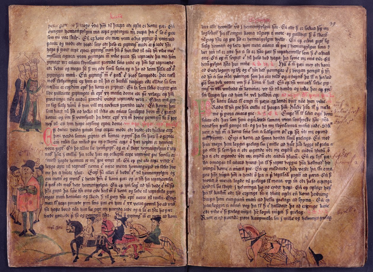 To illustrerte sider fra en kopi av den originale Jonsbok-lovsamlingen fra 1200-tallet av Icelandic School