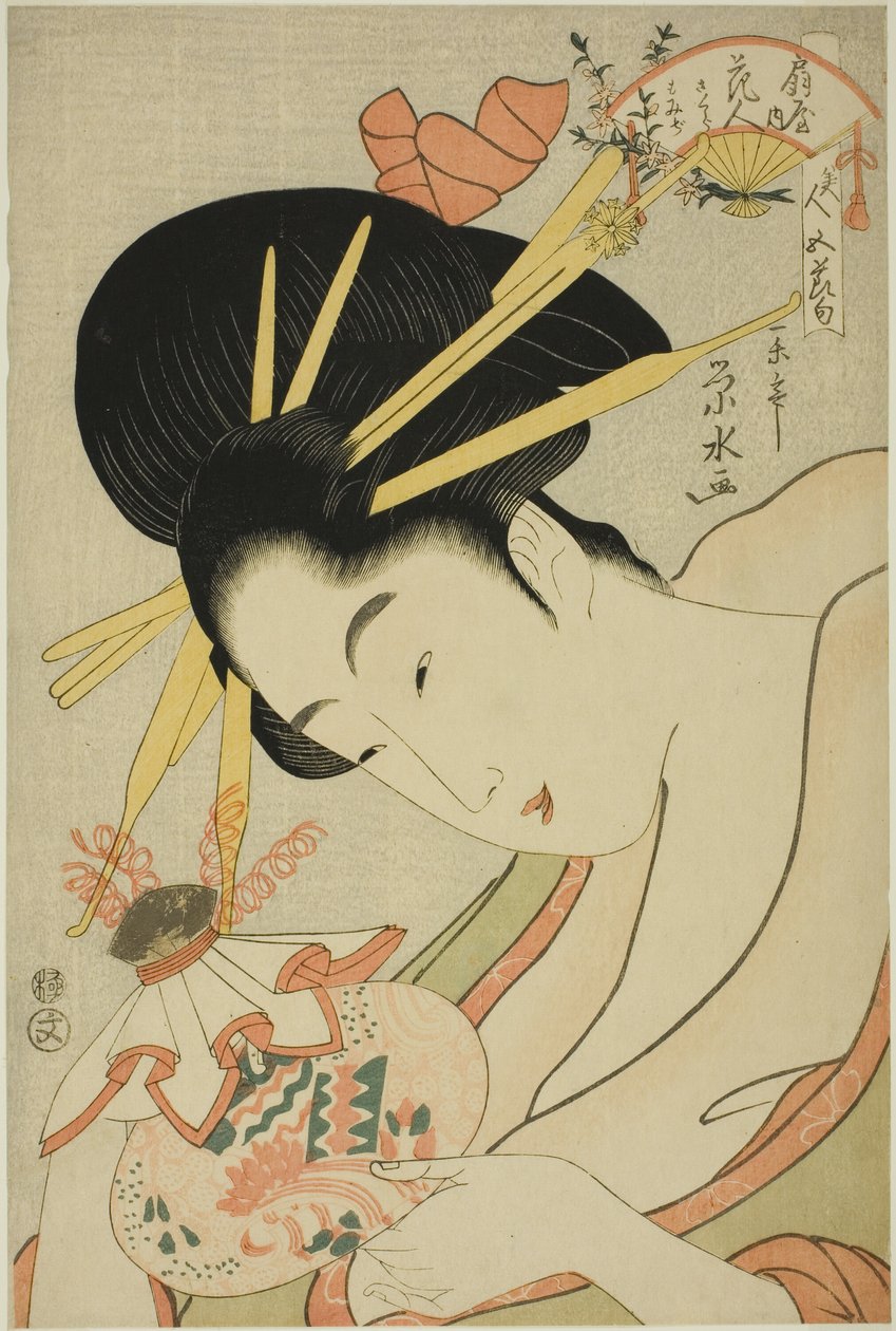 Kurtisanen Hanahito fra Ogiya og ledsagerne Sakura og Momiji, fra serien "Beauties of the Five Festivals (Bijin gosekku)" av Ichirakutei Eisui
