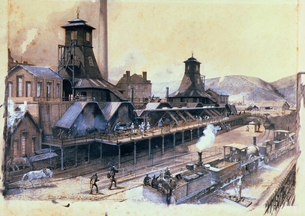 The Pits of St. Pierre und St. Paul at Le Creusot, 1866 (blekk og gouache på papir) av Ignace Francois Bonhomme