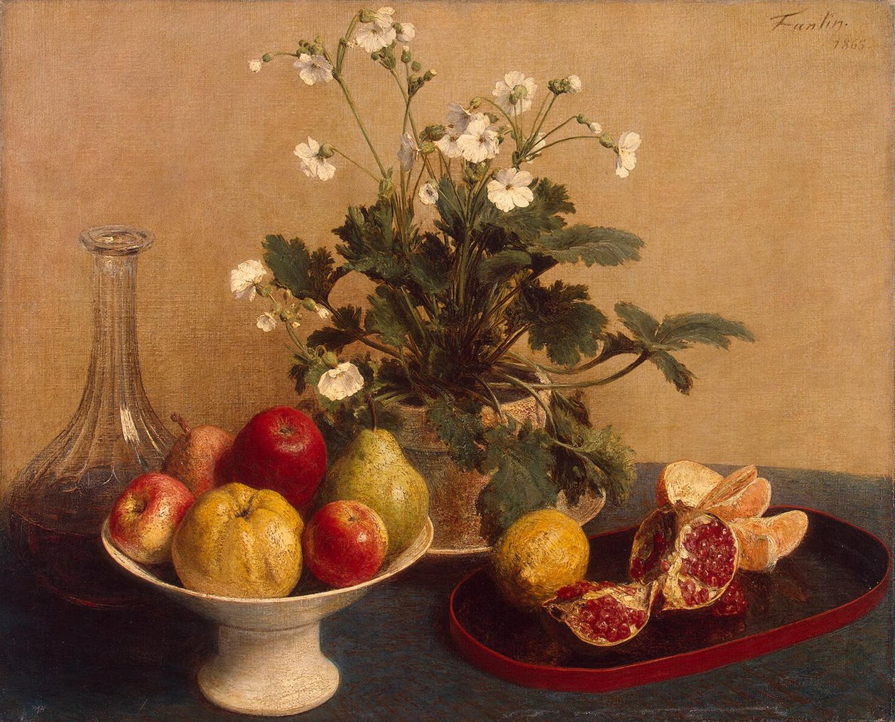 Blomster, fat med frukt og karaffel, 1865 av Ignace Henri Jean Fantin Latour