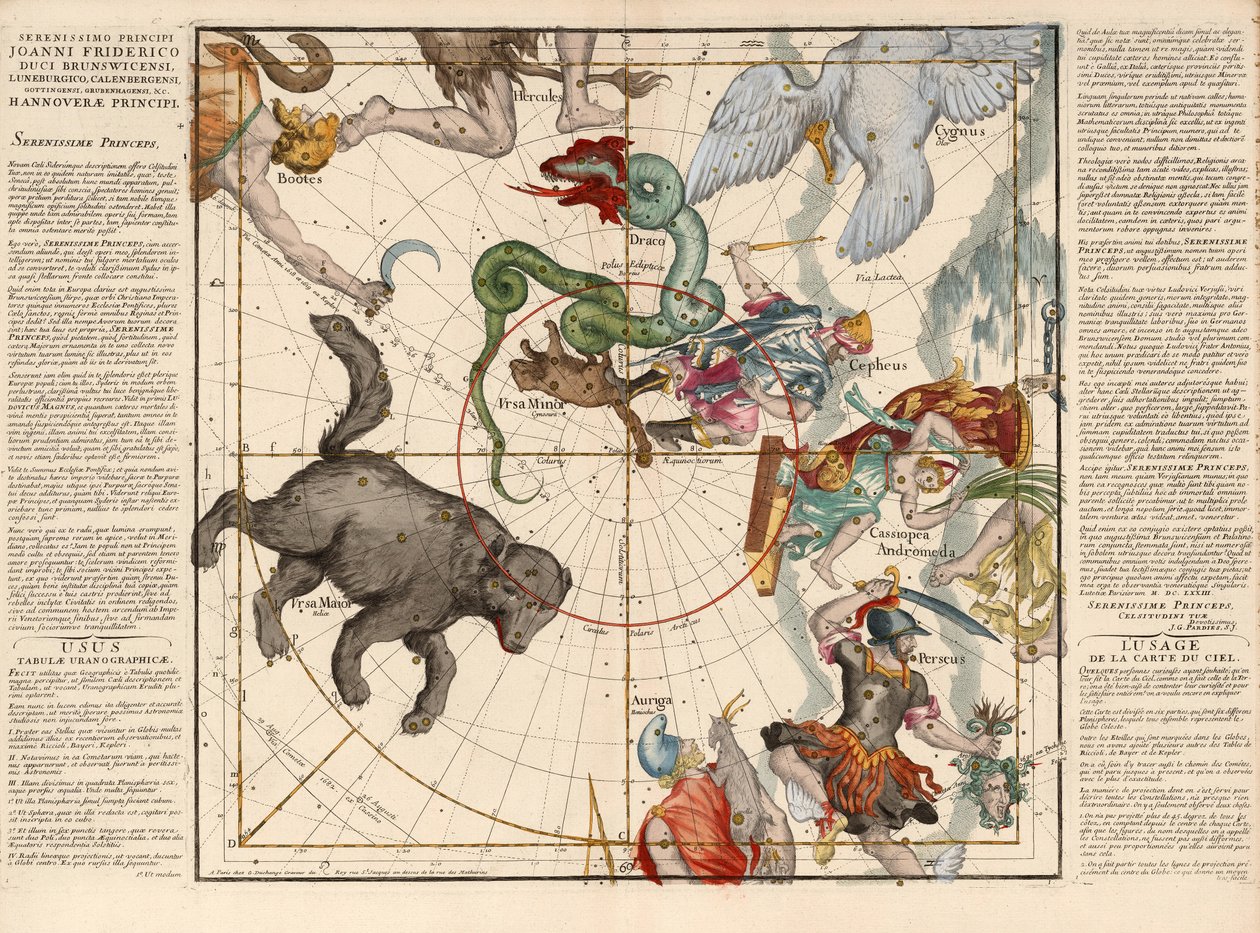 Nordpolen, Plate 1 fra beskrivelsen av den himmelske kloden i flate rammer, pub. 1674 (håndfarget gravering) av Ignace Gaston Pardies
