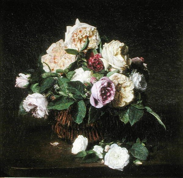 Roser i en kurv på et bord av Ignace Henri Jean Fantin Latour