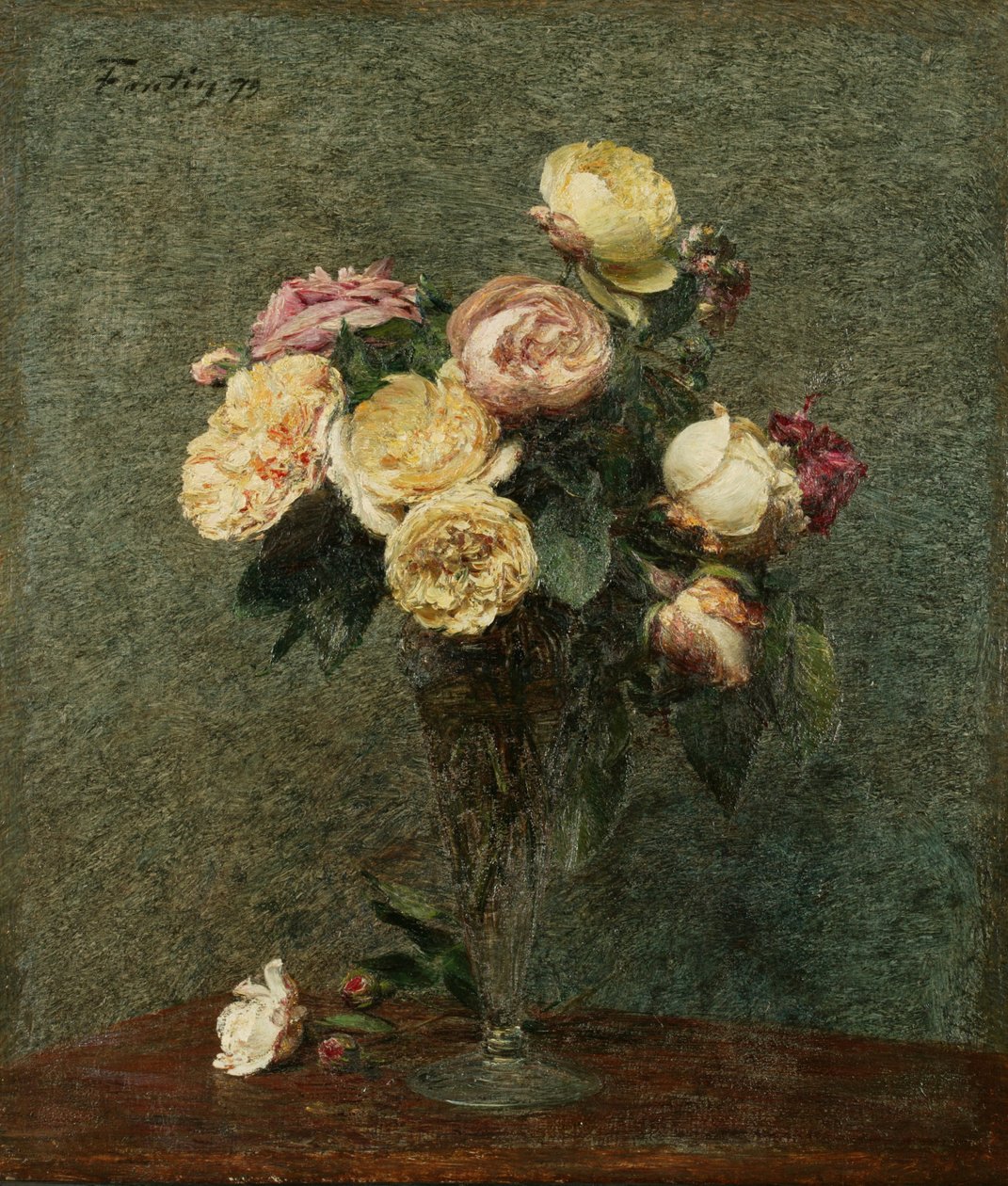 Stilleben: Roser i en glassvase av Ignace Henri Jean Fantin Latour