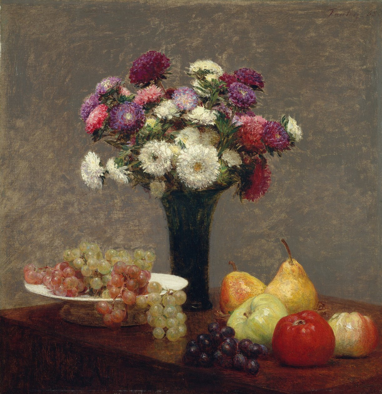 Asters og frukt på et bord, 1863 av Ignace Henri Jean Fantin Latour
