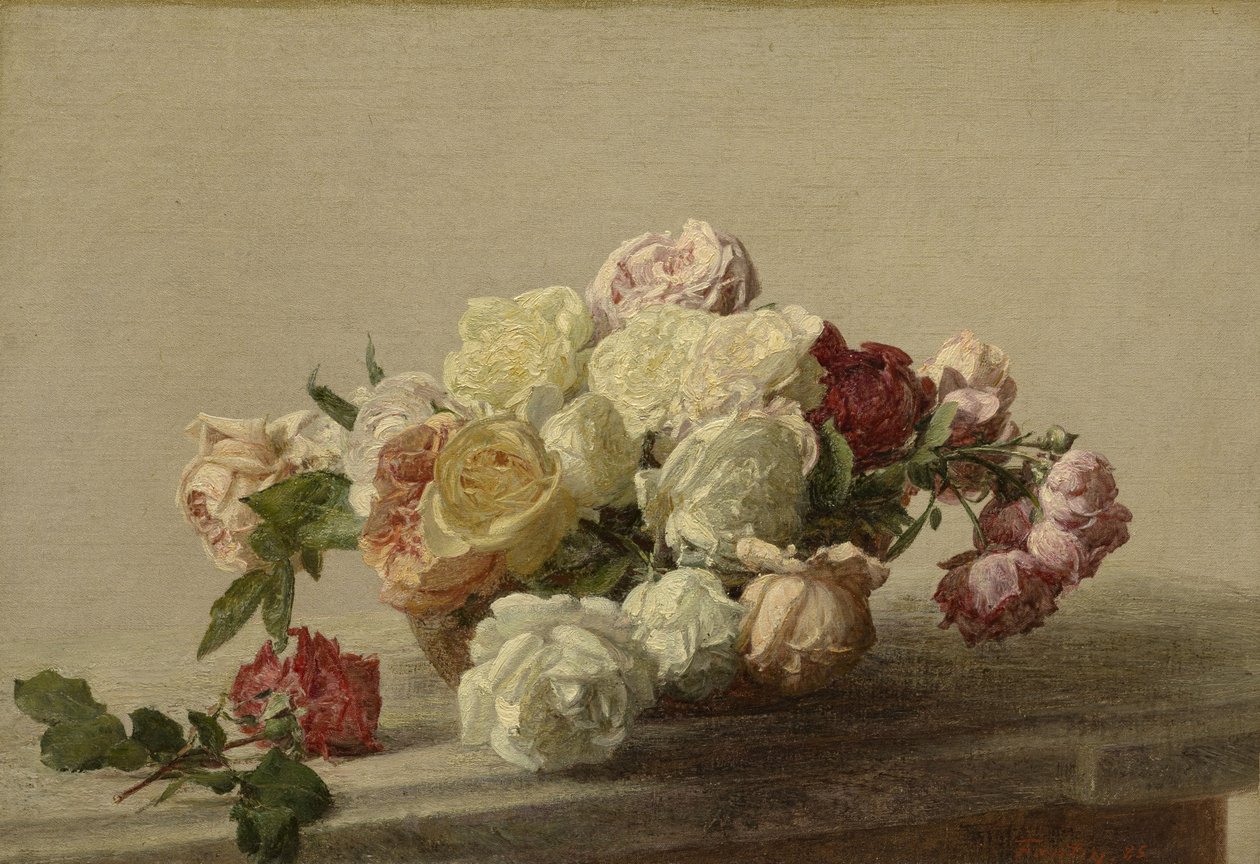 Bolle med roser på et marmorbord, 1885 av Ignace Henri Jean Fantin Latour