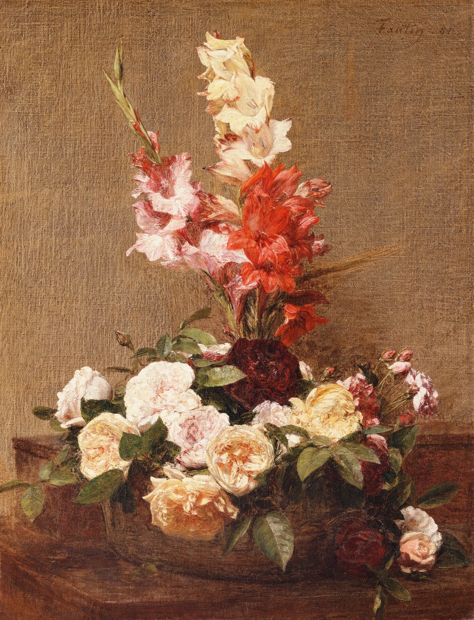Gladioli og roser, 1881 av Ignace Henri Jean Fantin Latour