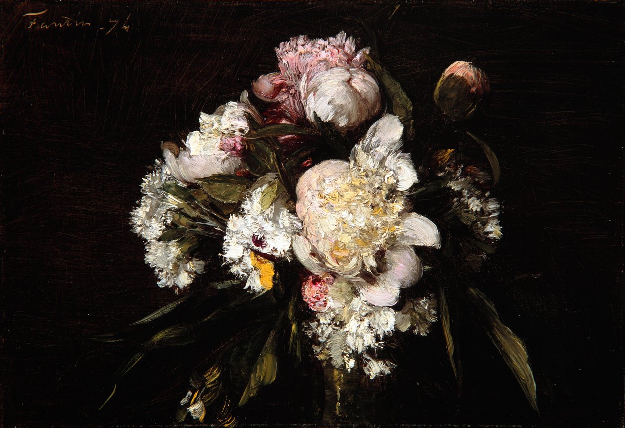 Peoner, hvite nelliker og roser, 1874 av Ignace Henri Jean Fantin Latour