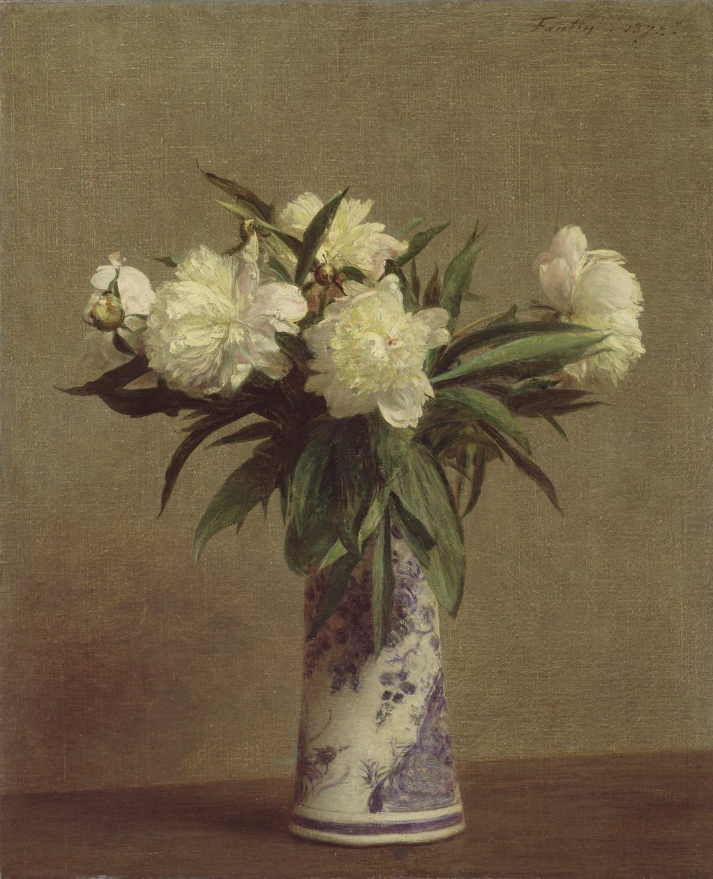 Peoner i en blå og hvit vase, 1872 av Ignace Henri Jean Fantin Latour