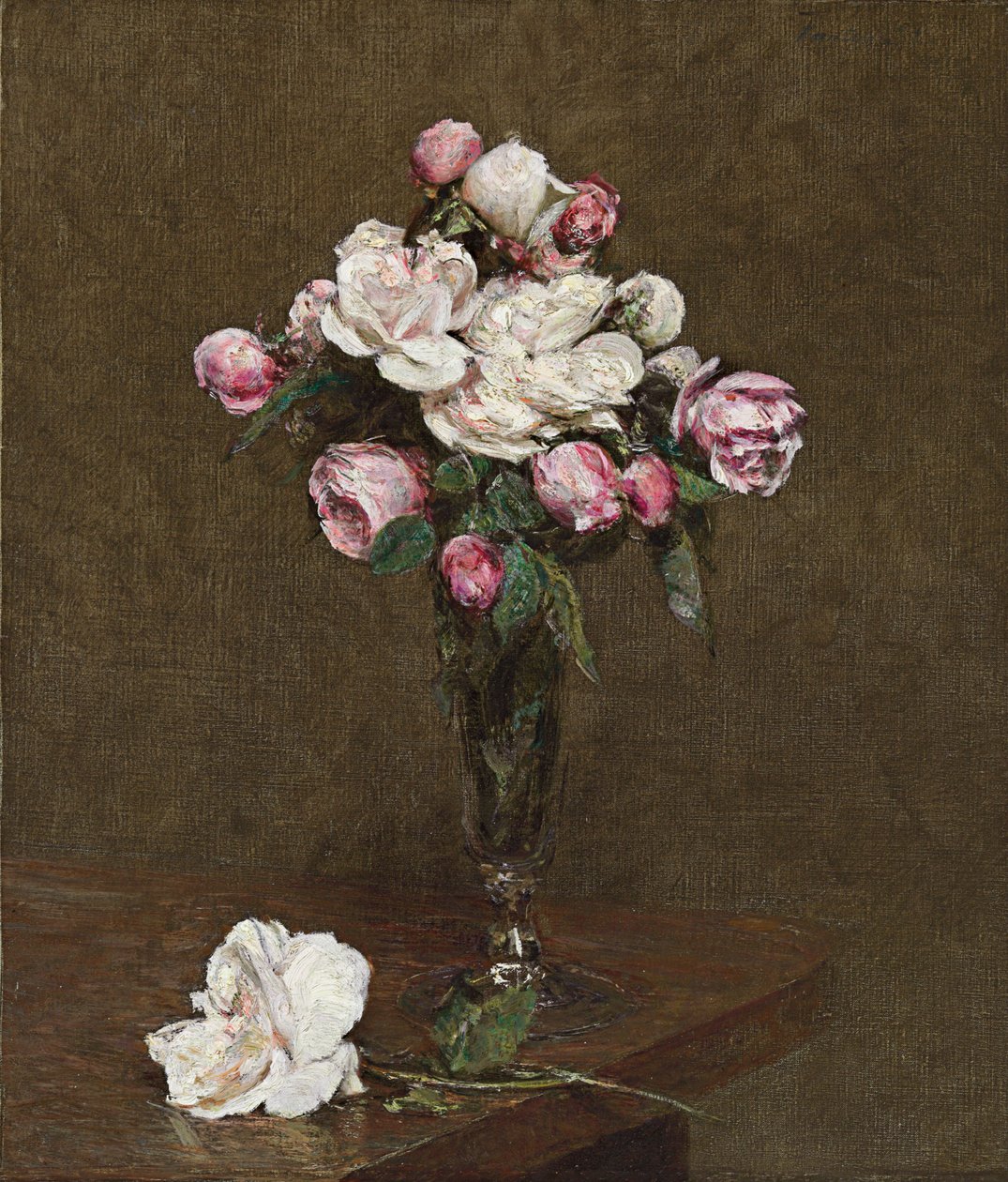 Rosa og hvite roser i en champagnefløyte, 1874 av Ignace Henri Jean Fantin Latour