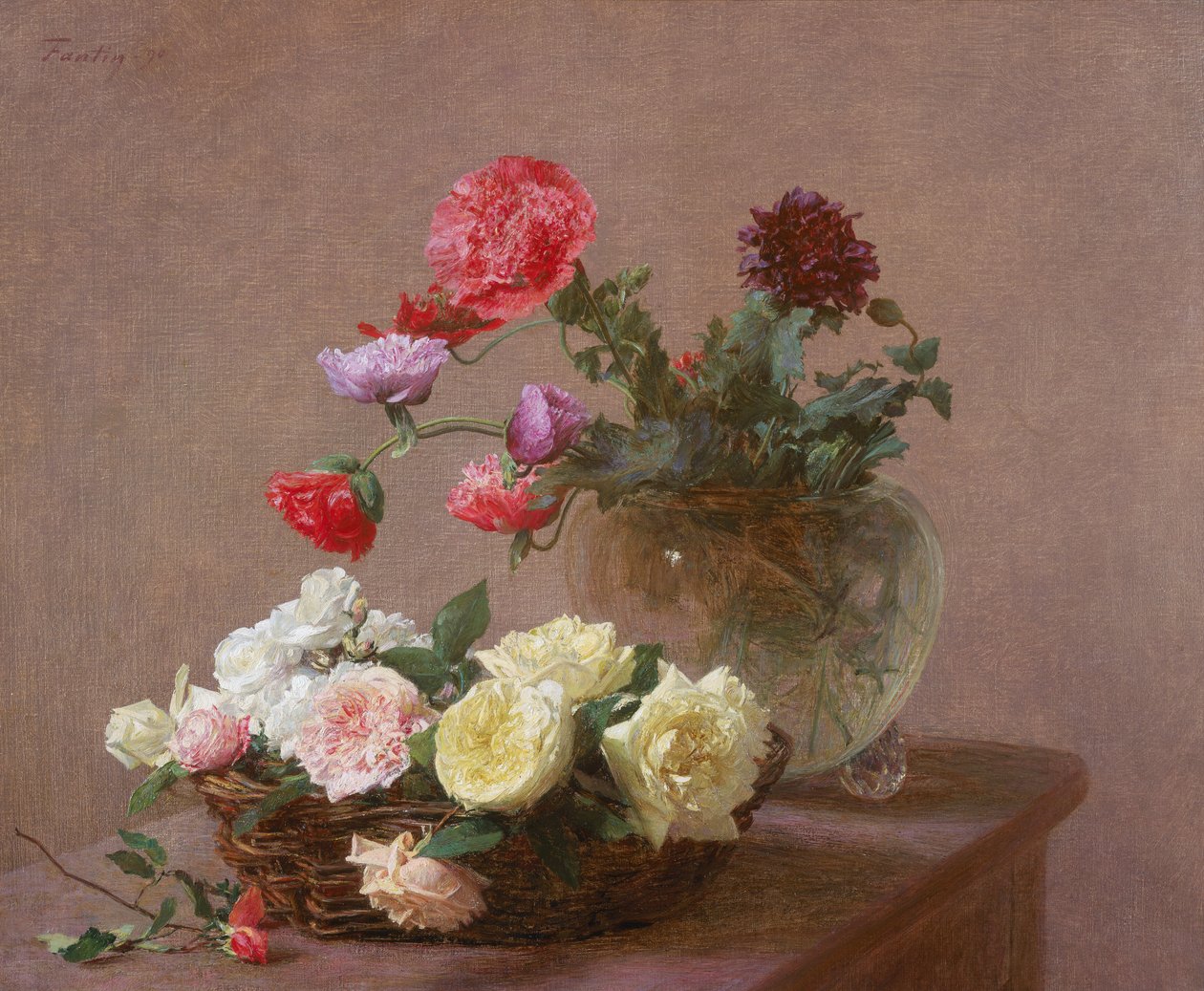 Valmuer i en krystallvase, eller kurv med roser, 1890 av Ignace Henri Jean Fantin Latour