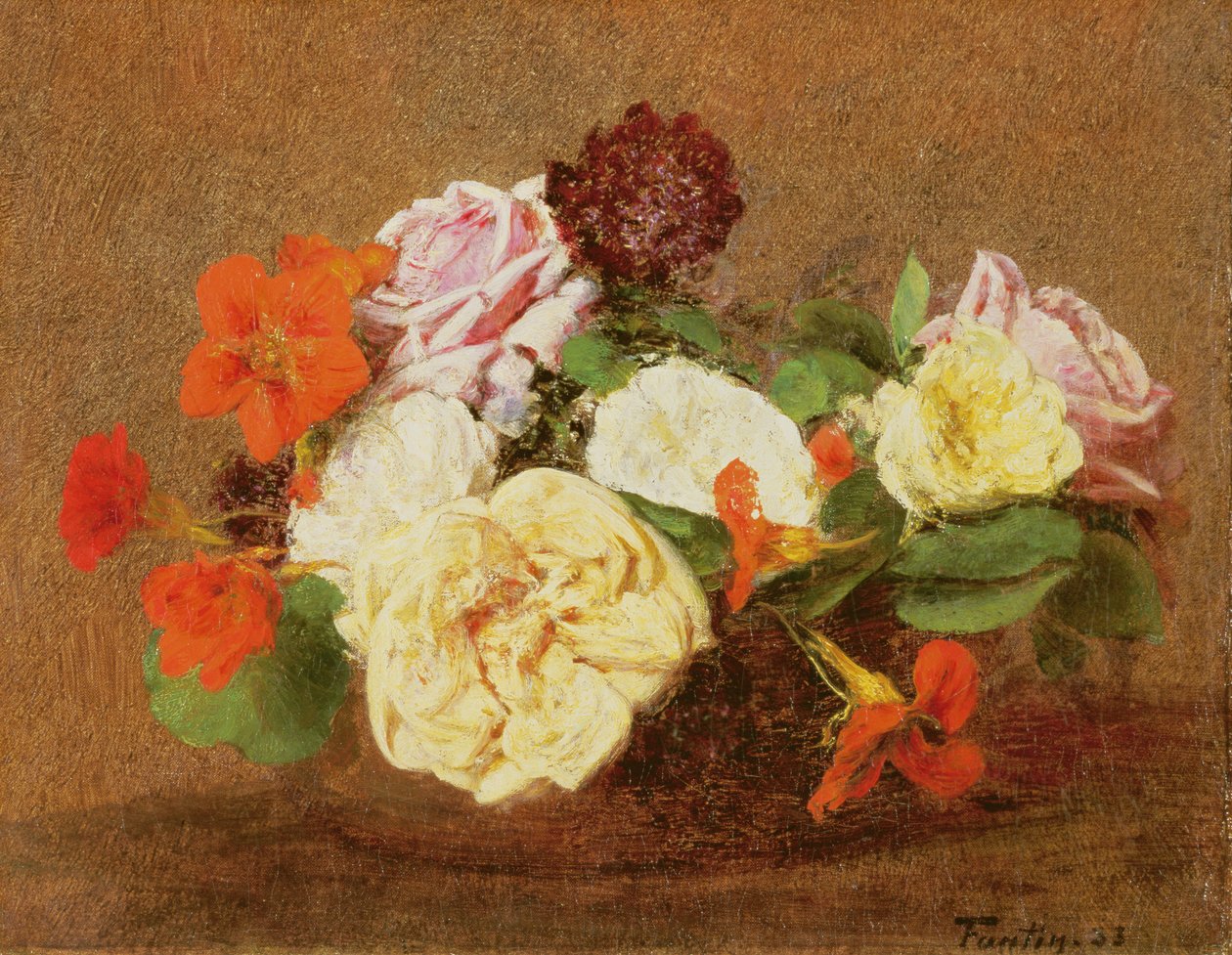 Roser og nasturtiums i en vase, 1883 av Ignace Henri Jean Fantin Latour