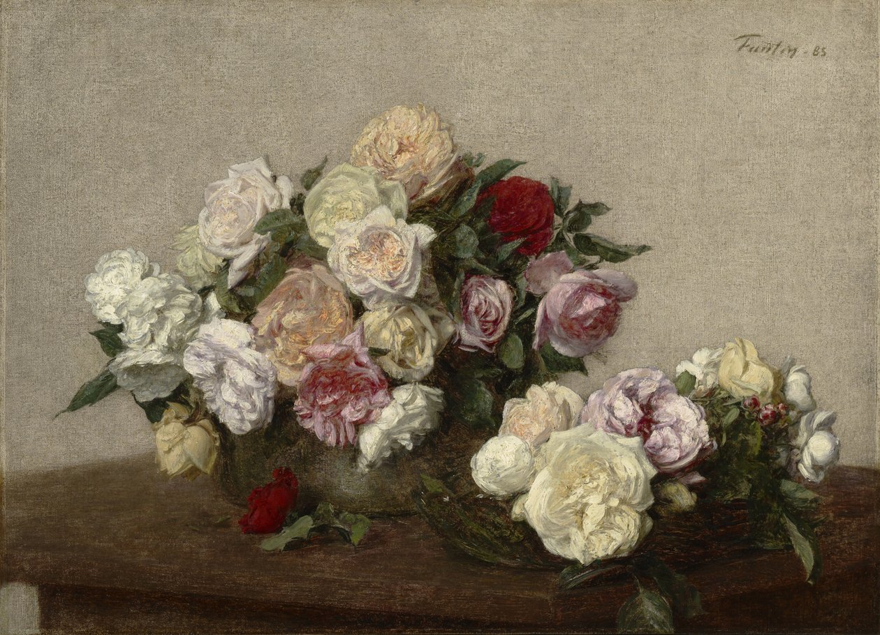 Roser i en skål og fat, 1885 av Ignace Henri Jean Fantin Latour