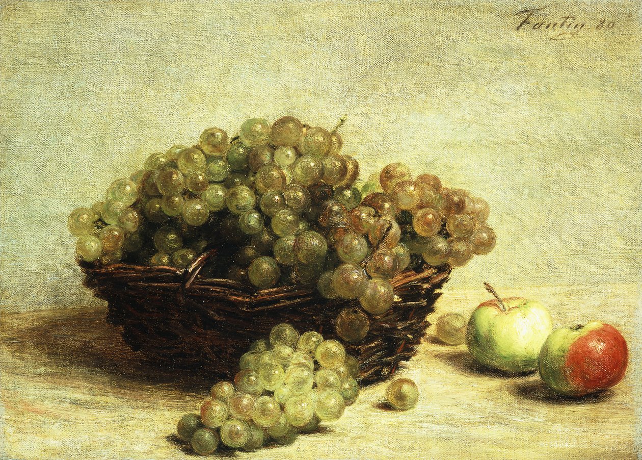 Stilleben, rosiner og epler i en kurv; Nature Morte, Raisin et Pomme d"Api, 1880 av Ignace Henri Jean Fantin Latour