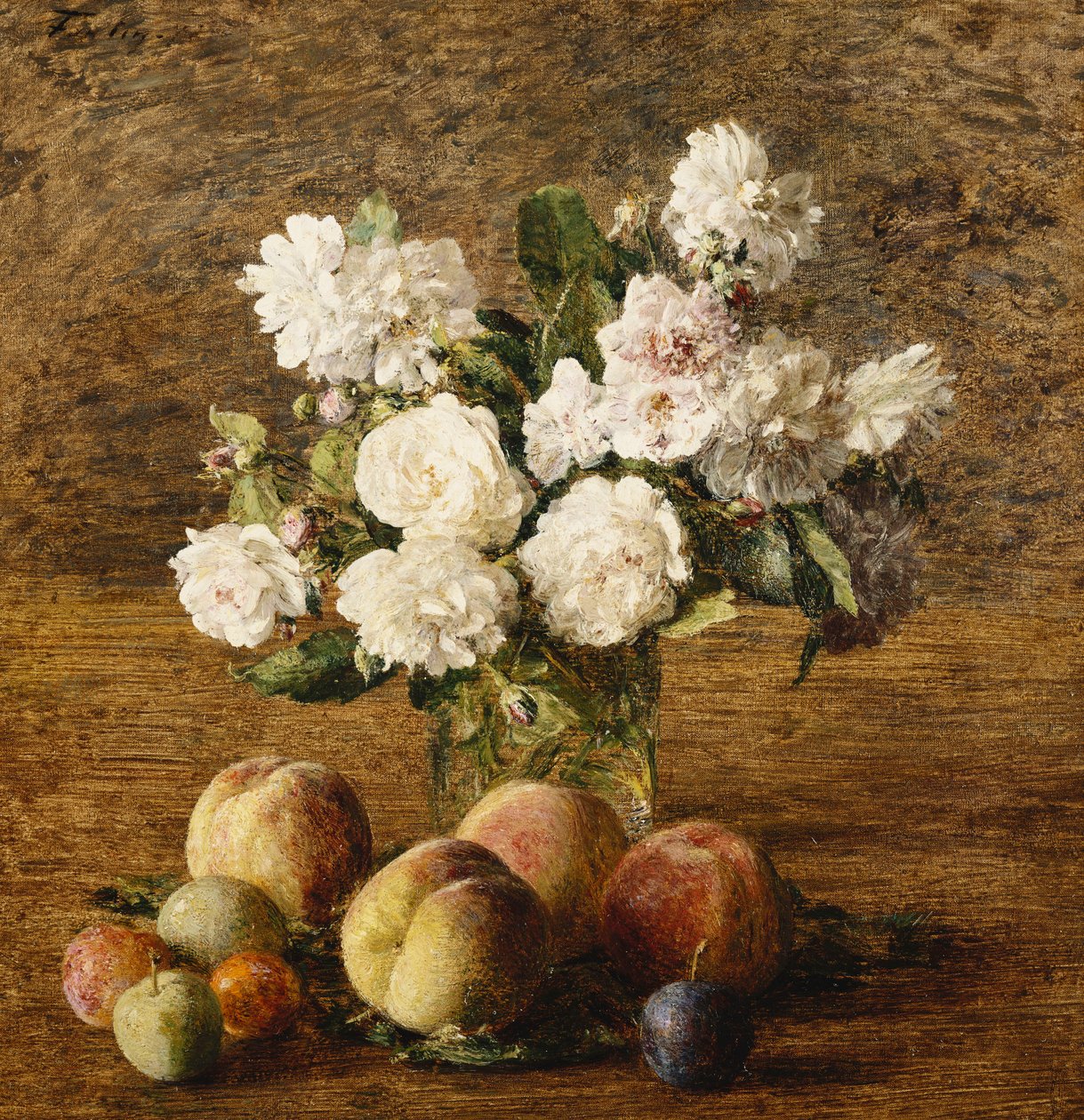 Stilleben: Roser og frukt; Nature Morte: Roses et Fruits, 1878 av Ignace Henri Jean Fantin Latour