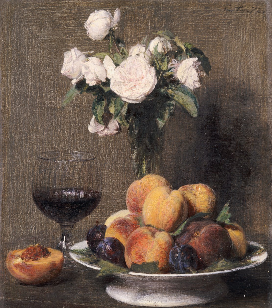 Stilleben med roser, frukt og et glass vin, 1872 av Ignace Henri Jean Fantin Latour