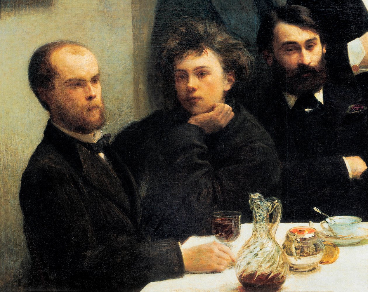 Bordhjørne: fra venstre til høyre: Paul Verlaine, Arthur Rimbaud, Elzear Bonnier. (Maleri, 1800-tallet) av Ignace Henri Jean Fantin Latour