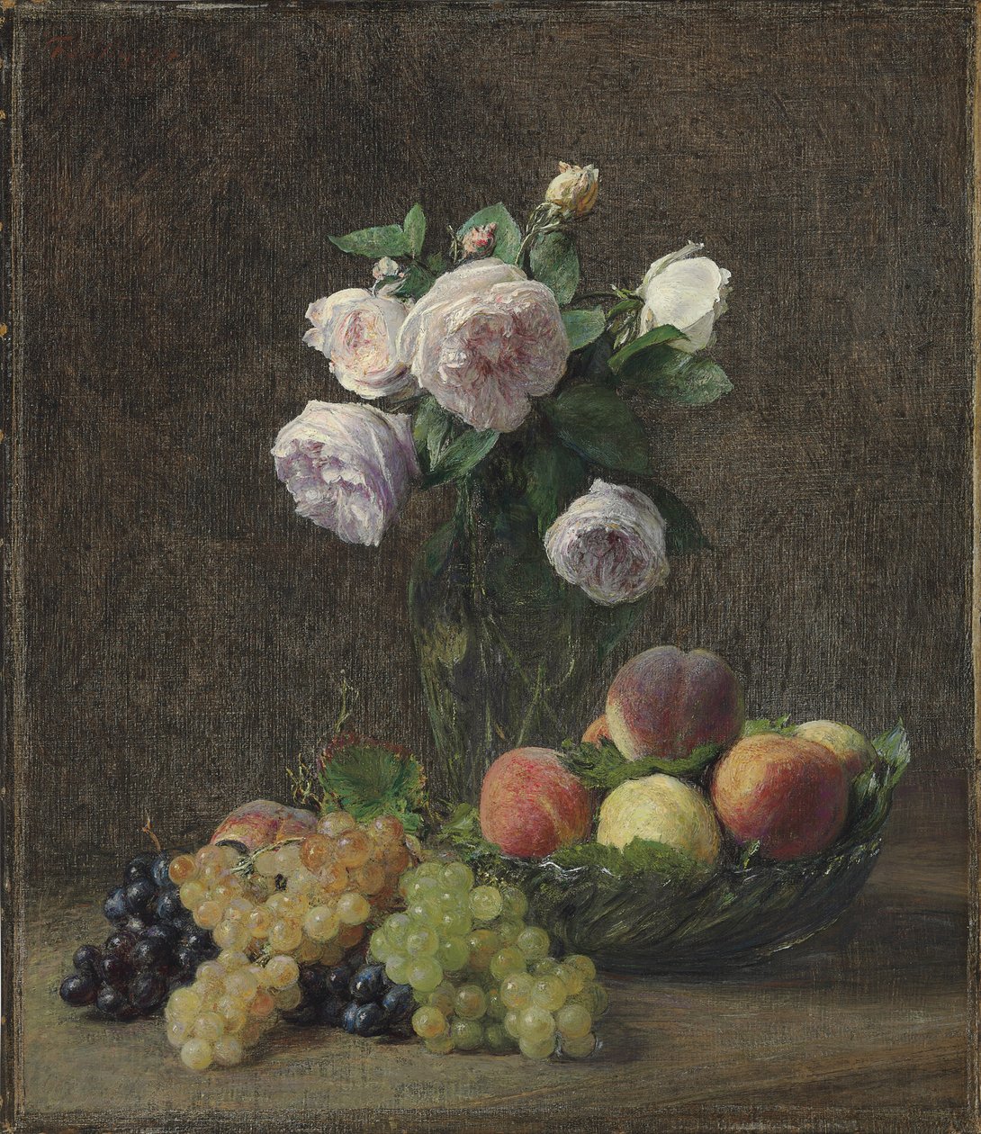 Vase med roser, fersken og druer, 1894 av Ignace Henri Jean Fantin Latour