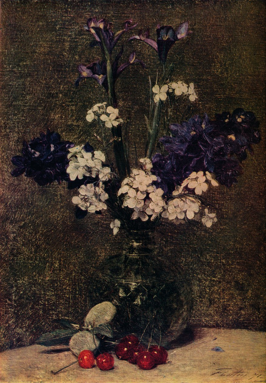Vase med blomster, med kirsebær og mandler på bordet, Nature morte, iris, Delphinium hybrids a av Ignace Henri Jean Fantin Latour